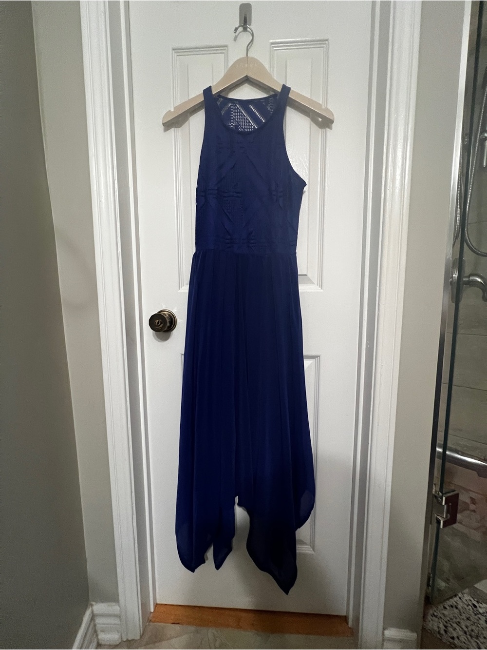 Vintage Deep Blue Sleeveless Handkerchief Hem Maxi Dress